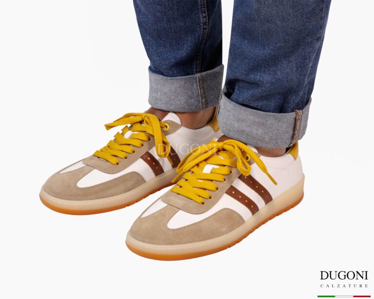 Sneakers bianco&sabbia con lacci ocra_ DUGONI </br>U448 Calzature uomo